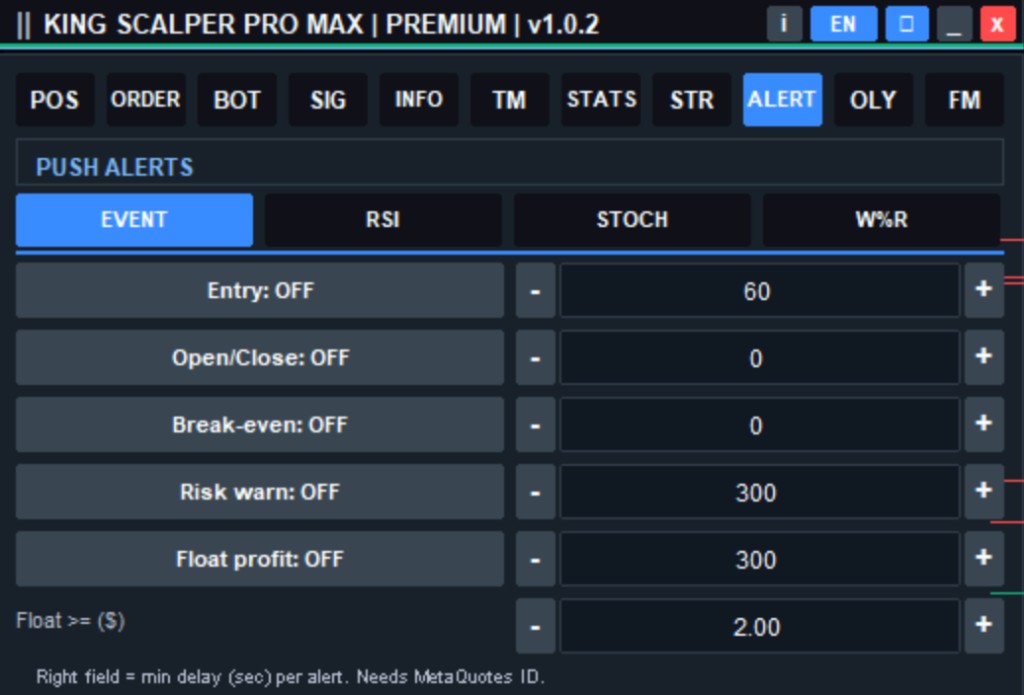 Push Alerts KING SCALPER PRO MAX untuk entry, open close, break-even, risk warning, dan floating profit