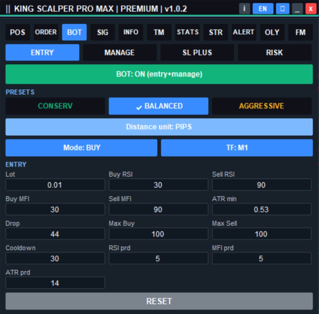 Menu BOT Entry KING SCALPER PRO MAX untuk mengatur mode, timeframe, lot, RSI, MFI, ATR, cooldown, dan batas posisi