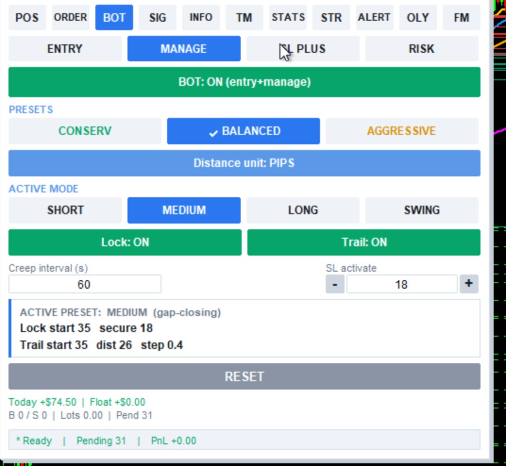 Menu BOT Manage KING SCALPER PRO MAX dengan mode Short, Medium, Long, Swing, lock, dan trail