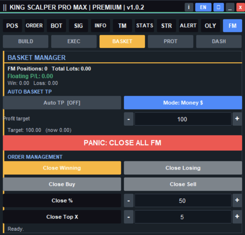 Basket Manager KING SCALPER PRO MAX untuk memantau total lot, floating profit loss, auto basket TP, close winning losing, dan panic close