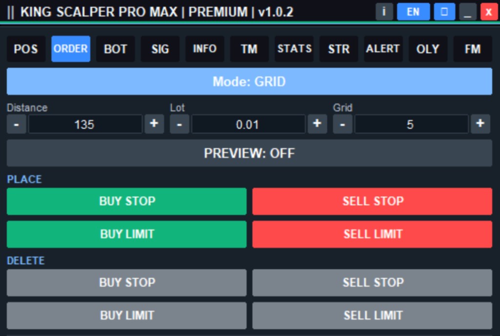 Order Grid KING SCALPER PRO MAX untuk memasang pending order buy stop, sell stop, buy limit, dan sell limit