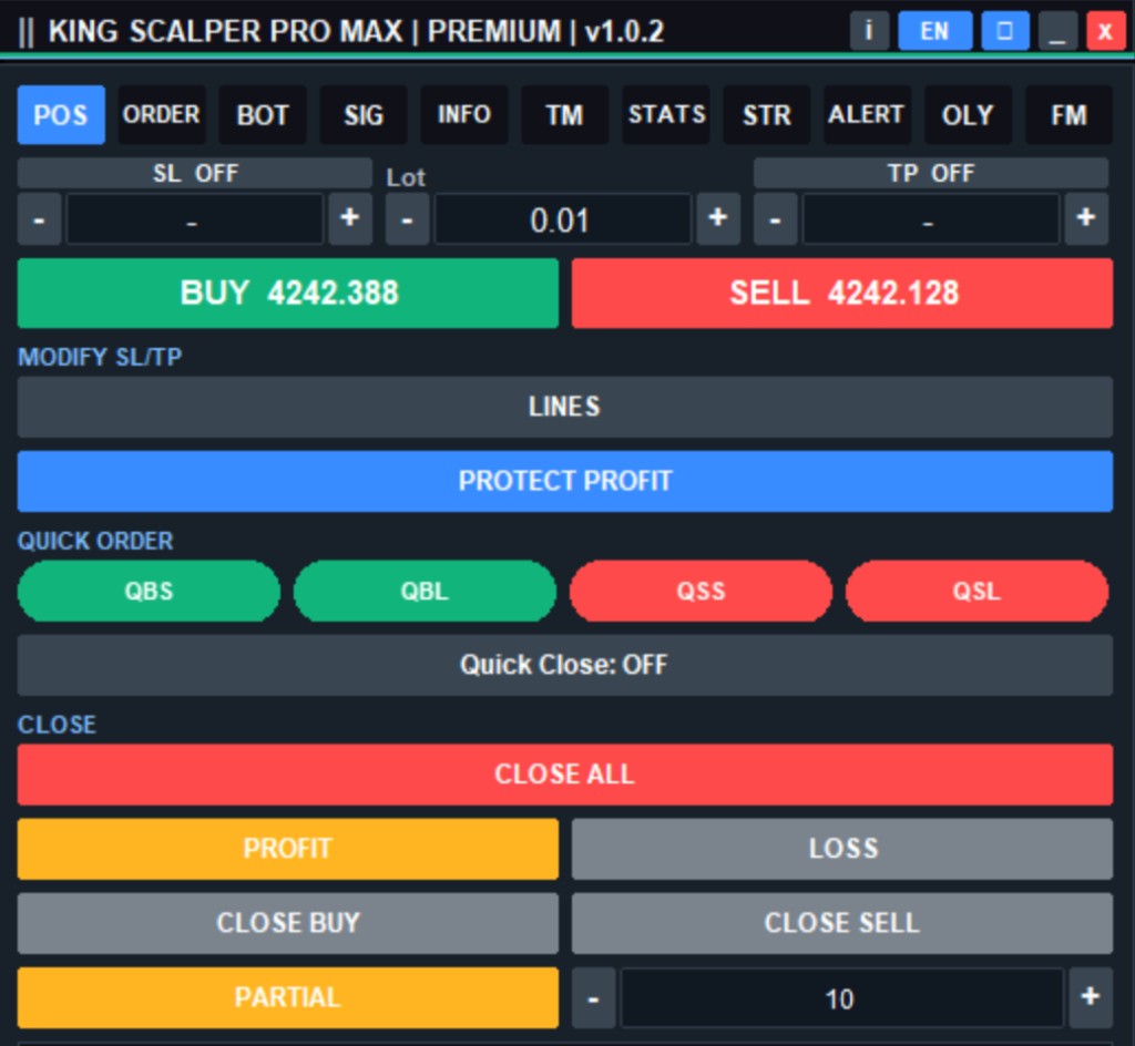 Panel POS KING SCALPER PRO MAX untuk entry manual cepat, lot, SL, TP, protect profit, dan quick order