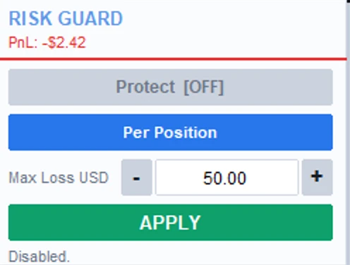 Mini panel RISK GUARD VIRTUAL TP LITE - toggle Protect, scope Per Position, dan kolom Max Loss USD