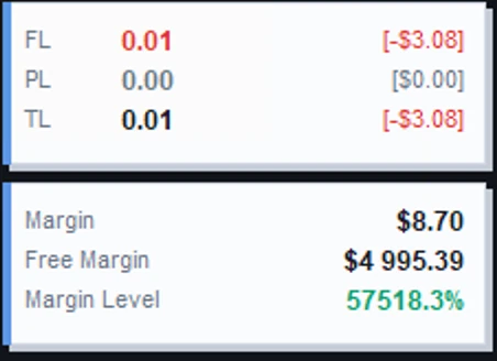 Overlay lot dan margin VIRTUAL TP LITE - baris FL, PL, TL beserta Margin, Free Margin, dan Margin Level