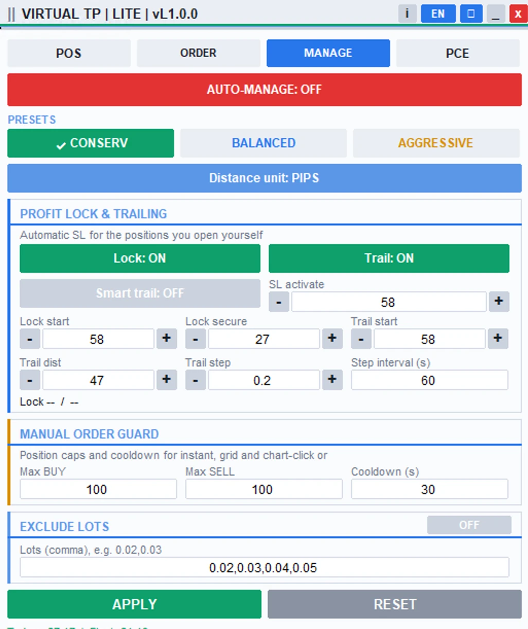 Tab MANAGE VIRTUAL TP LITE - AUTO-MANAGE, preset Conserv Balanced Aggressive, profit lock dan trailing