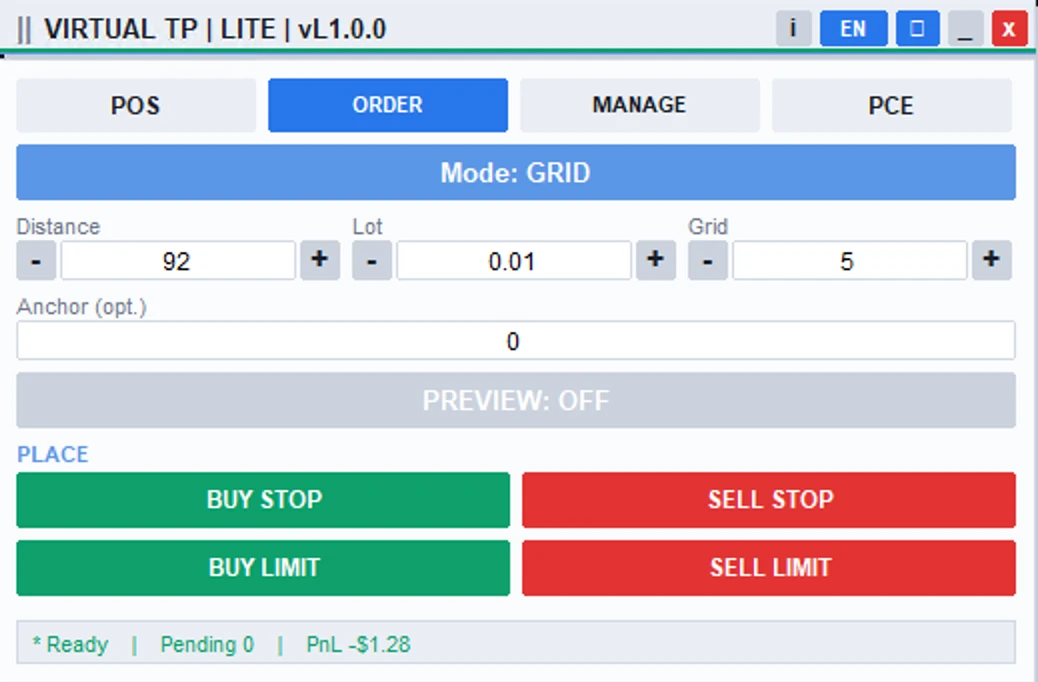 Tab ORDER VIRTUAL TP LITE mode GRID - kolom distance, lot, grid, anchor, dan tombol pasang pending
