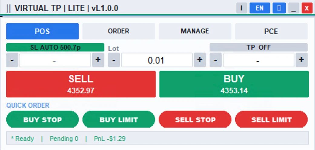 Tab POS VIRTUAL TP LITE - tombol BUY dan SELL, kolom lot, label SL AUTO, dan baris Quick Order